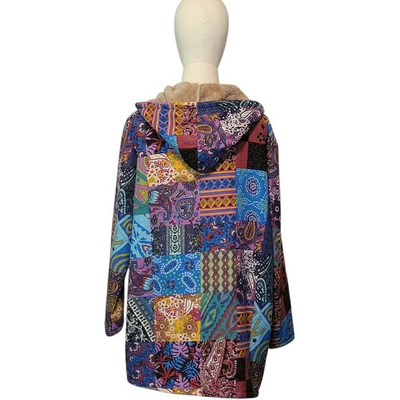 Patchwork Boho Hooded Coat Faux Fur Lined Button Down Mid Length Cozy Size L/XL - Picture 10 of 13